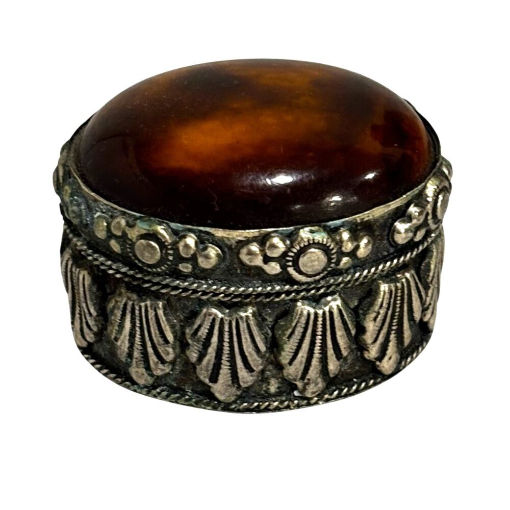 Vintage ring box trinket holder oval ornate silvertone & faux tortoise shell lid
